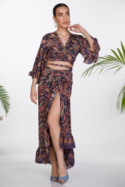 Σετ boho crop top , φούστα με βολάν