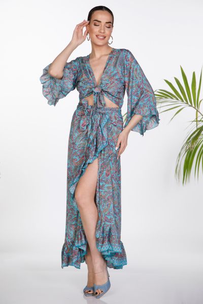 Σετ boho crop top , φούστα με βολάν