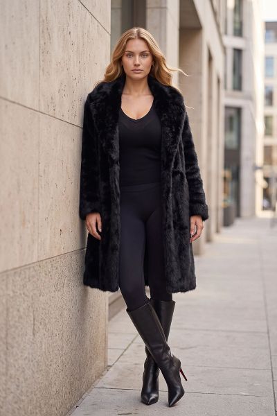Μακριά fluffy οικολογική γούνα με σταυρωτό κουμπώμα & γιακά - ΜΑΥΡΟ