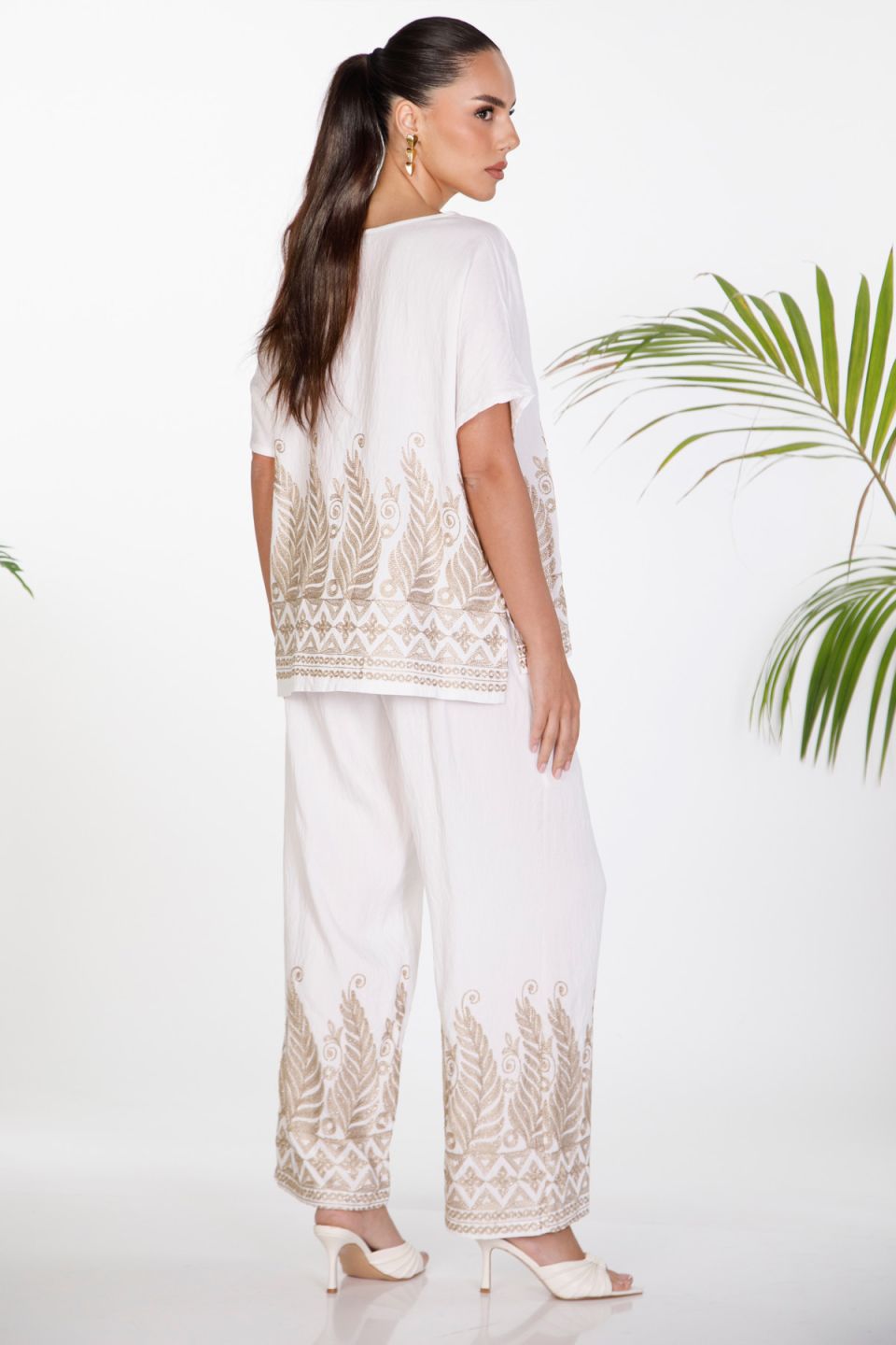 Boho σετ μπλούζα και παντελόνι με λούρεξ κεντήματα