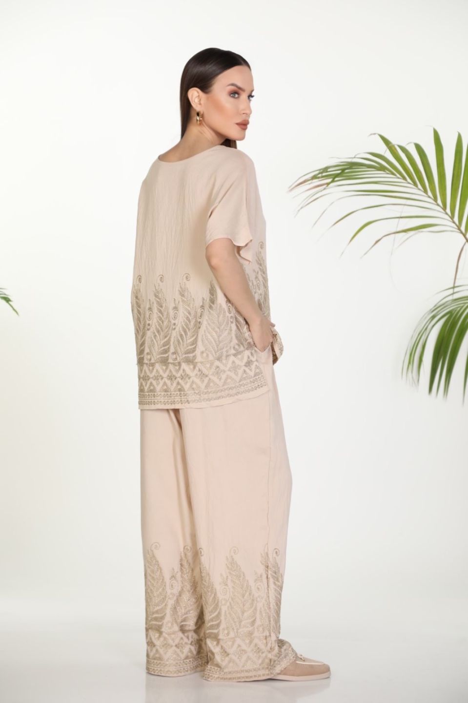 Boho σετ μπλούζα και παντελόνι με λούρεξ κεντήματα