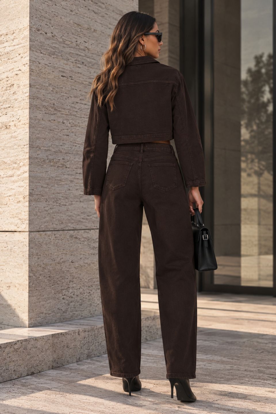 Denim σετ με cropped biker jacket & barrel παντελόνι