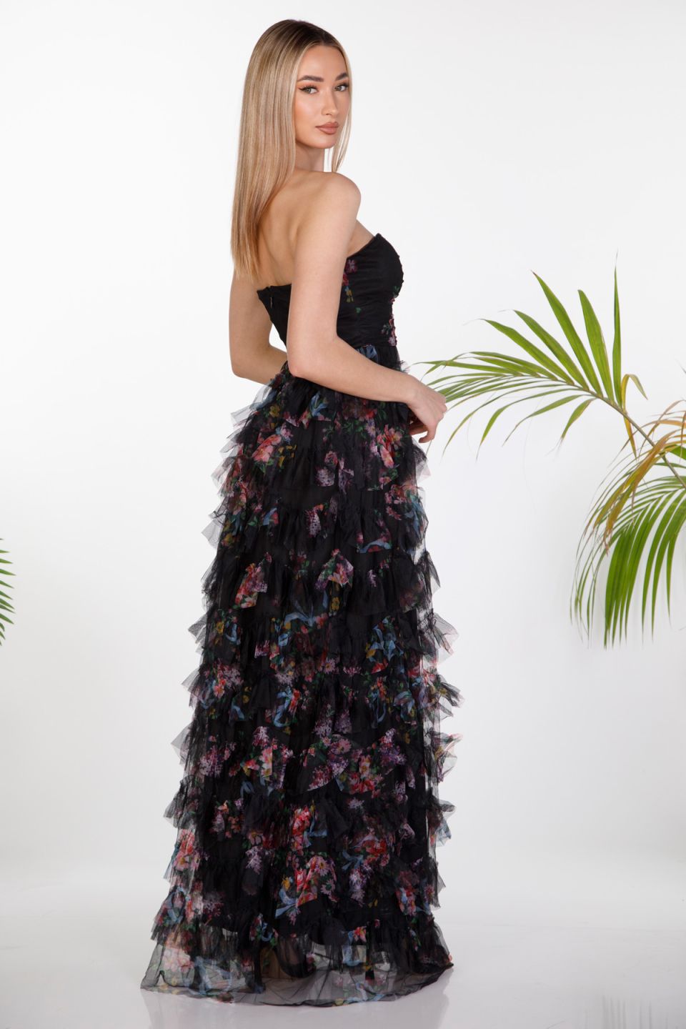 Floral strapless maxi dress with tulle & ruffles