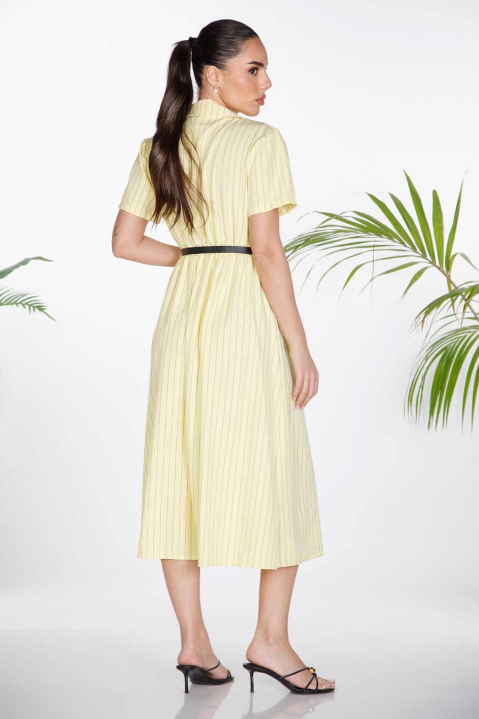 Striped wrap shirt dress with gold buttons and leatherette belt