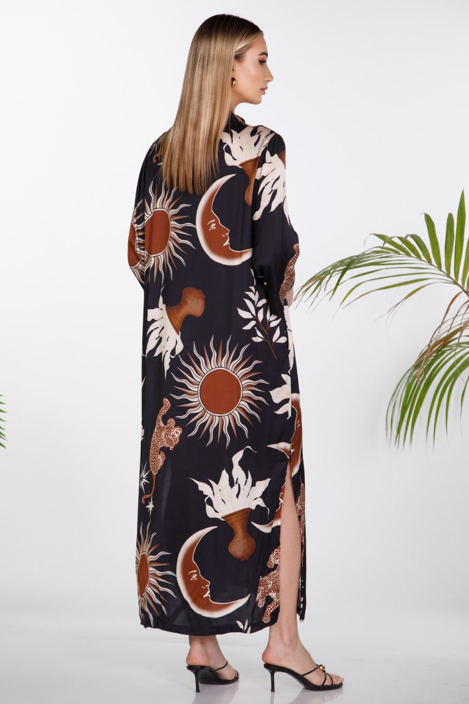 Maxi shirt-style caftan sun and moon print