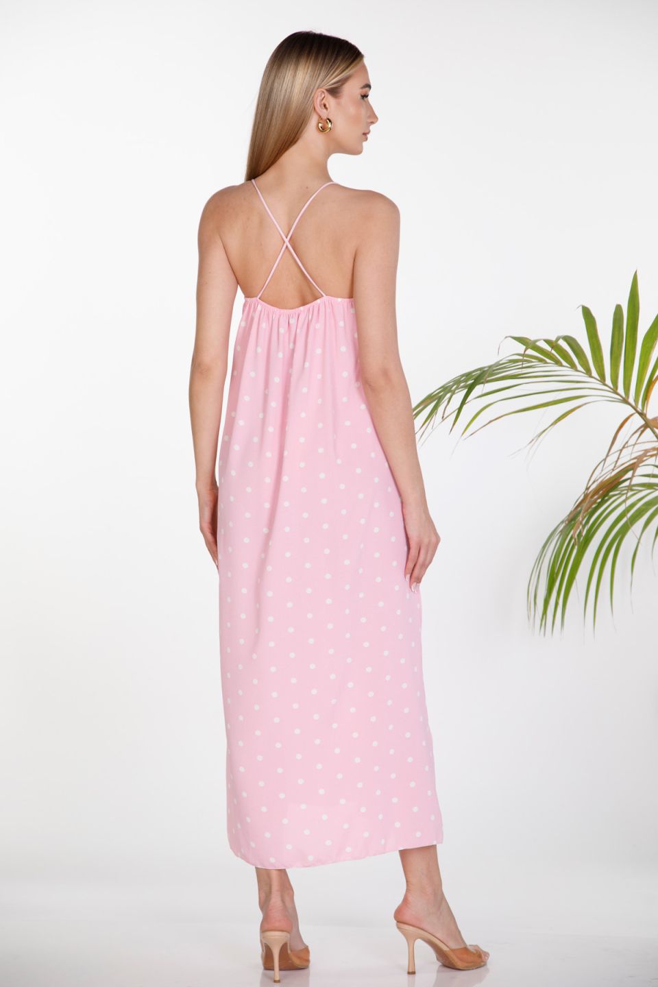 Maxi polka dot dress with thin straps