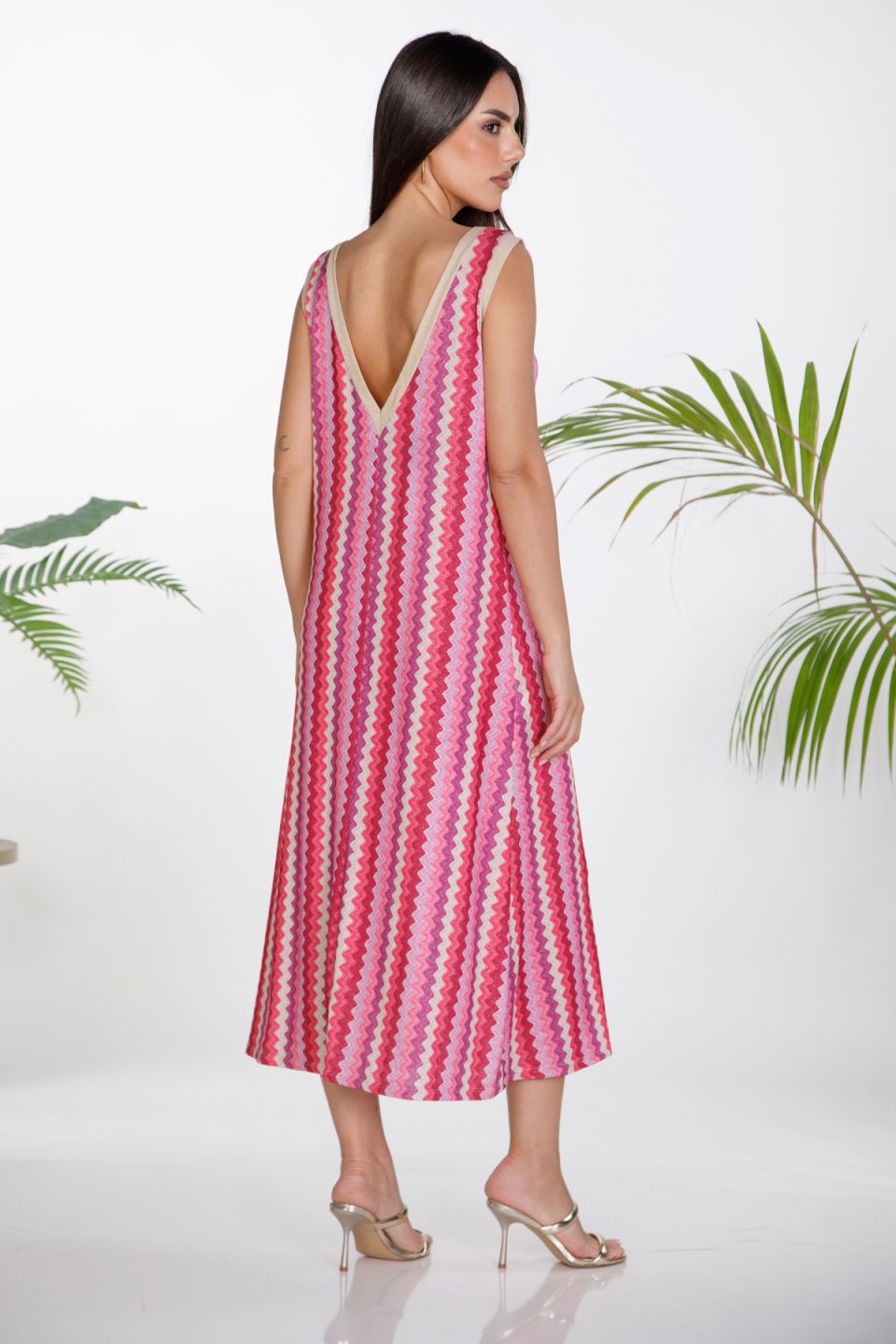 Knitted lurex midi dress with zig-zag pattern
