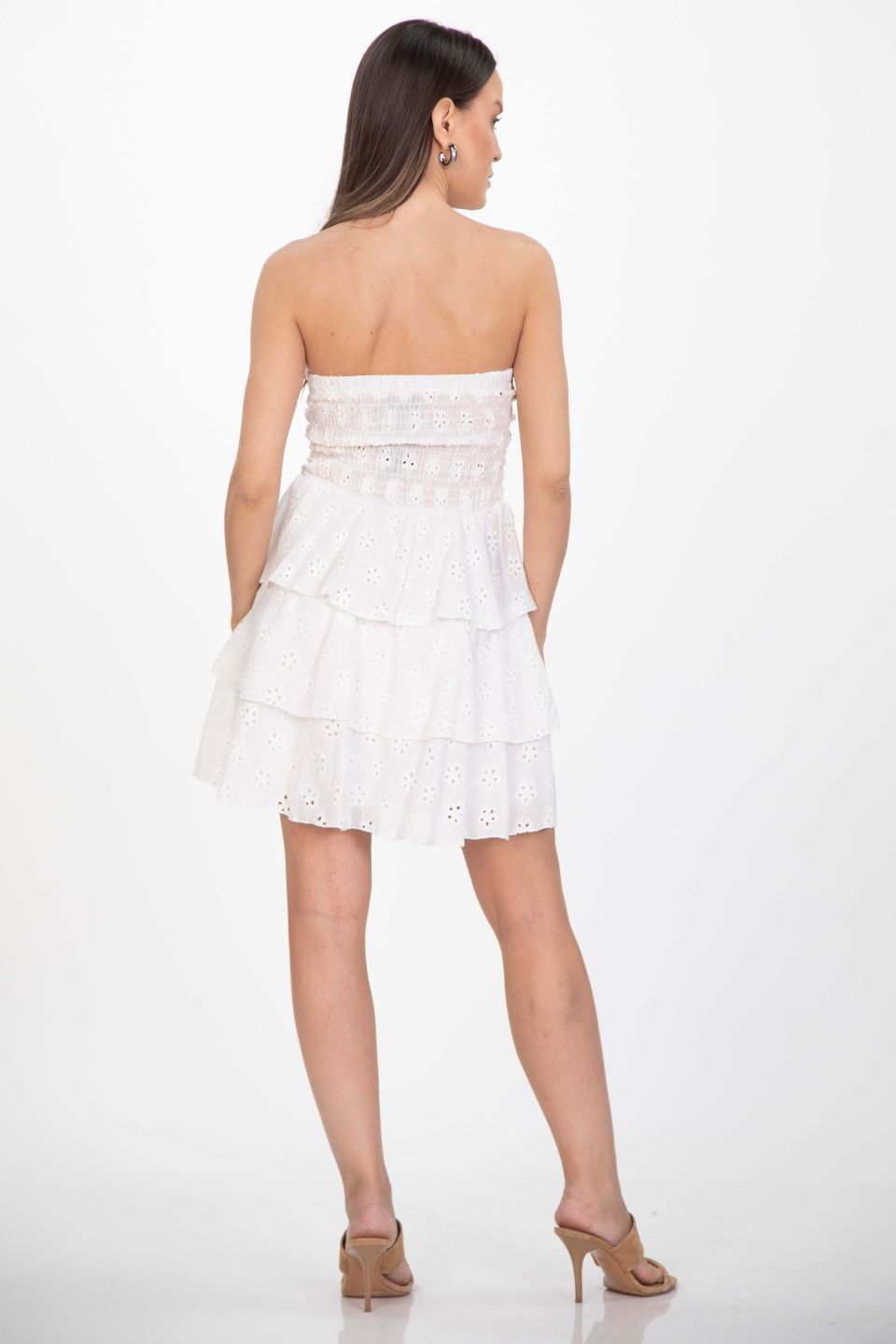 Mini φόρεμα στράπλες broderie με βολάν