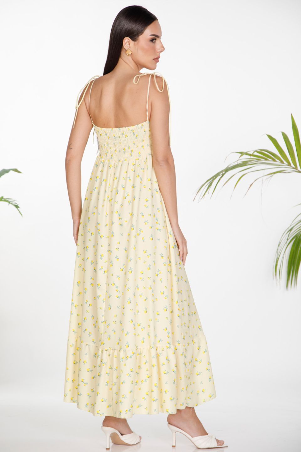 Lemon print tie-strap maxi dress
