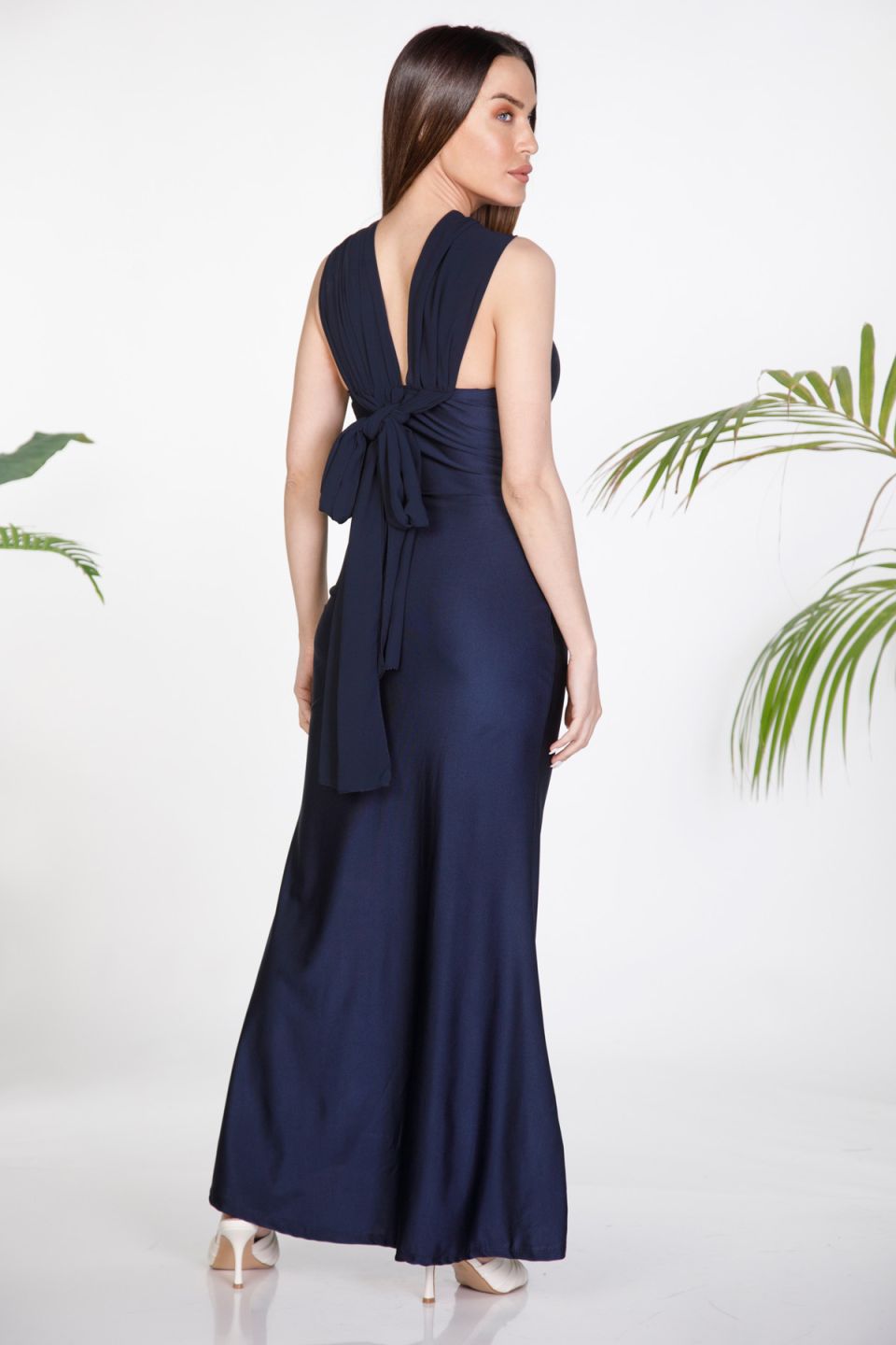 Satin maxi dress with knotted halter neck and draped back cape