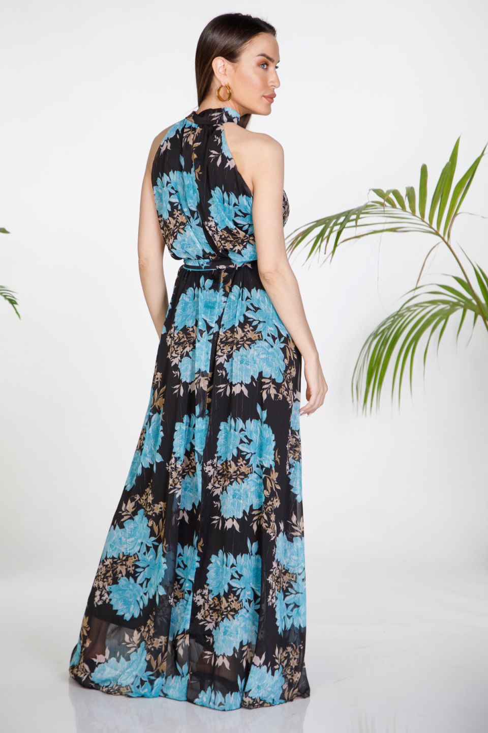 Φλοράλ μάξι φόρεμα halter με lurex λεπτομέρειες