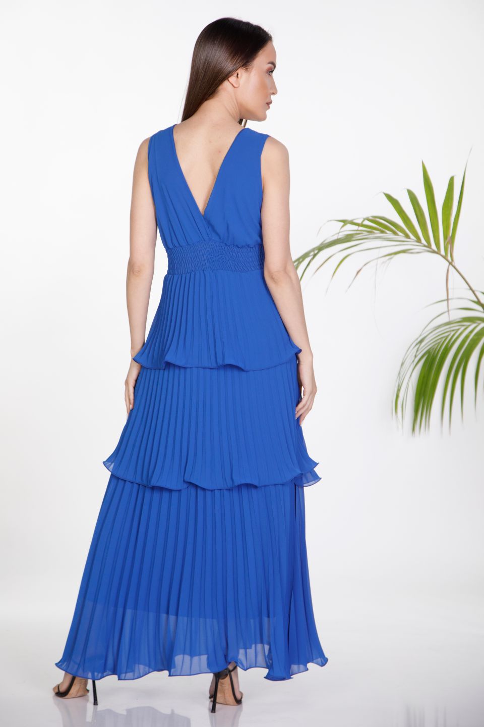 Pleated maxi strappy dress with ruffles