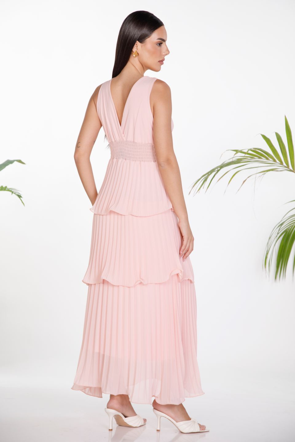 Pleated maxi strappy dress with ruffles