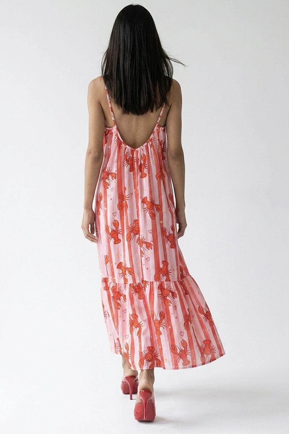 Striped lobster-print maxi dress with ruffle hem