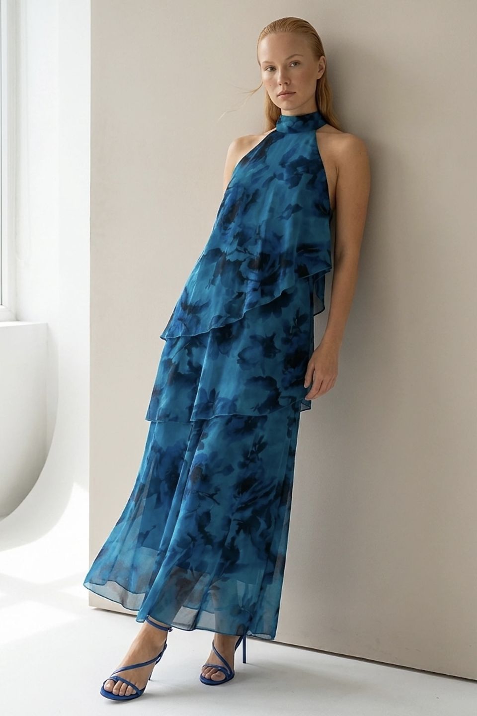 Long floral chiffon halter dress