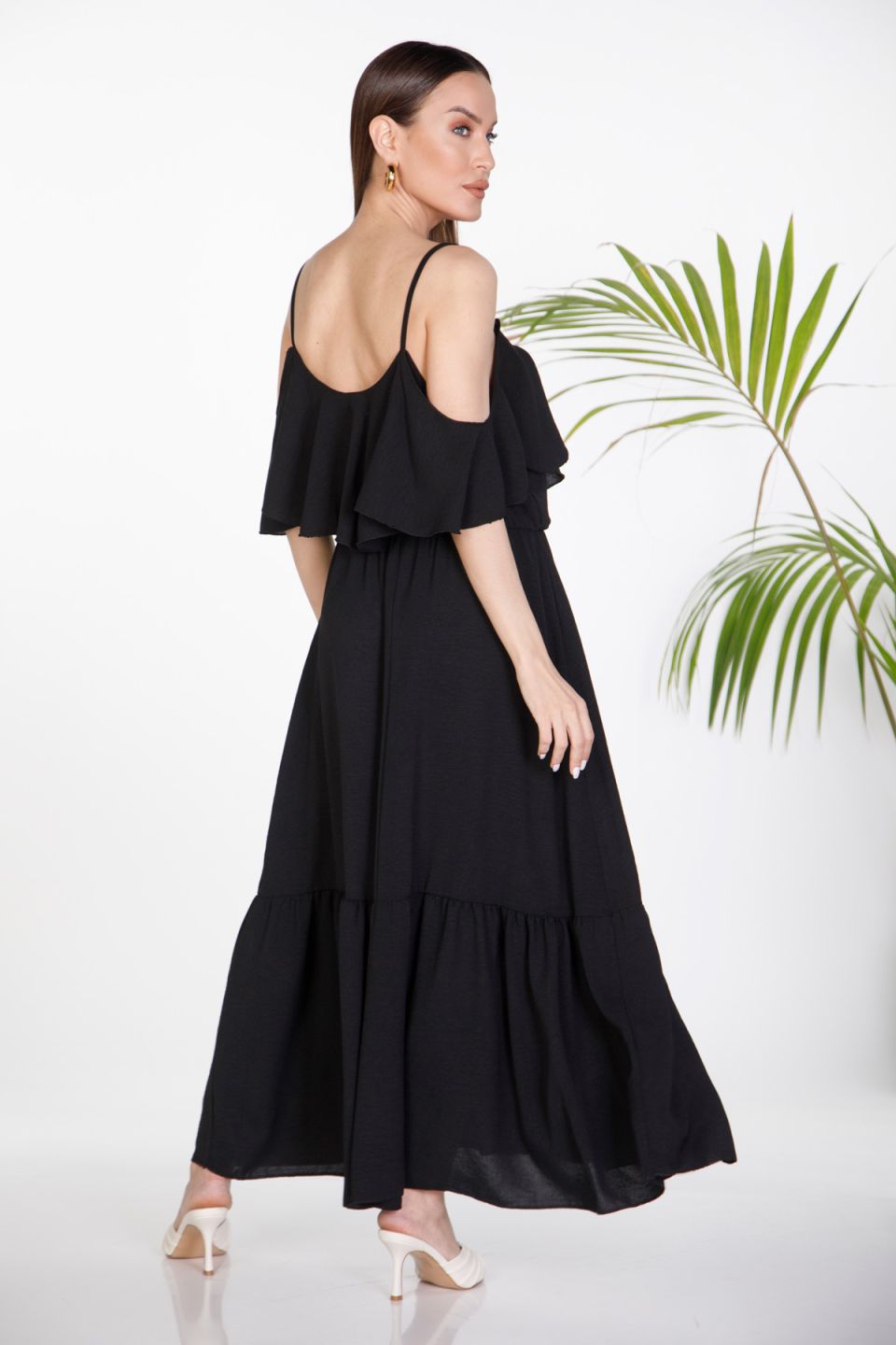 Off-the-shoulder maxi strappy dress with frills