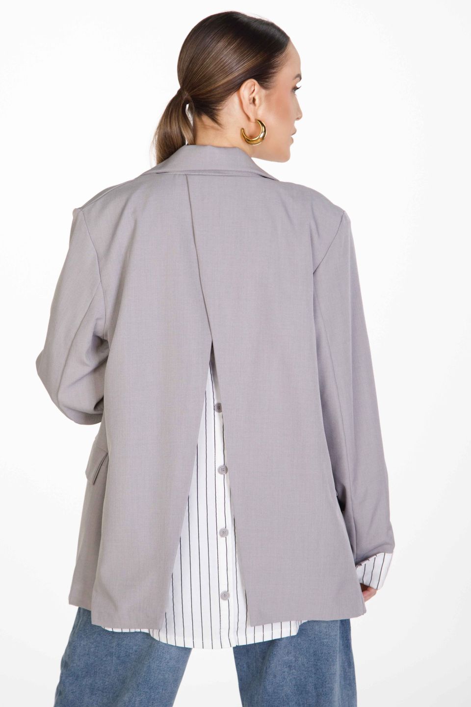 Blazer with back opening and built-in striped shirt