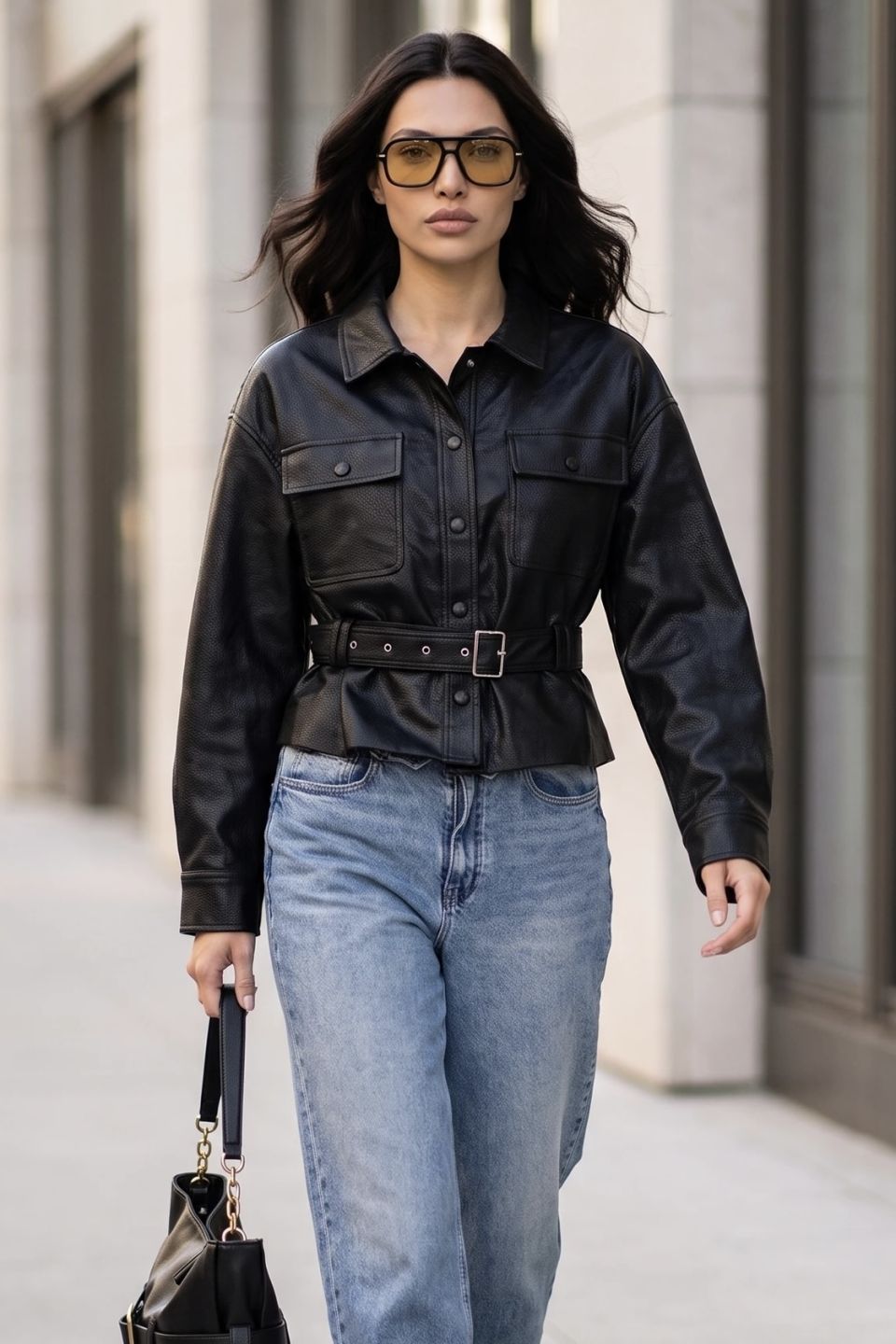 Jacket δερματίνη με τσέπες και ζώνη