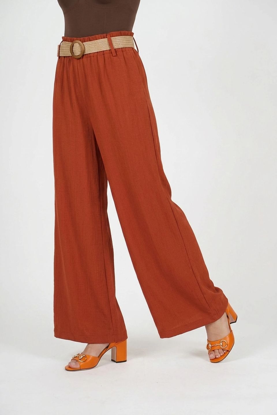Linen wide-leg pants with straw belt