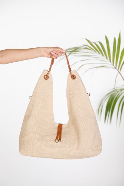Fabric hobo bag with leather details