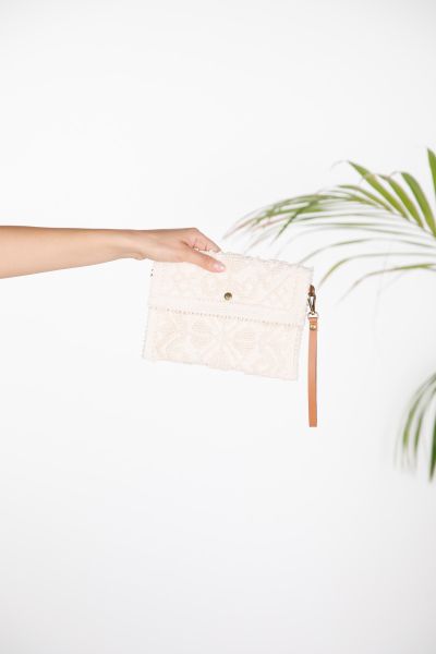 Woven clutch with geometric pattern
