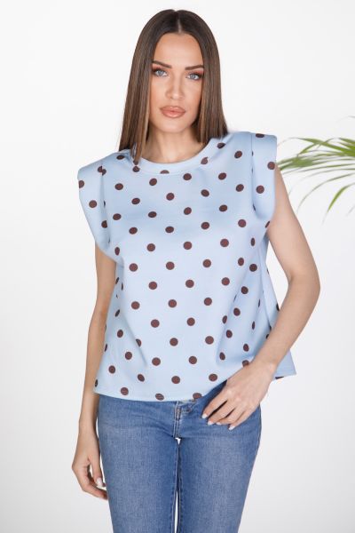 Sleeveless polka dot blouse with puff shoulders