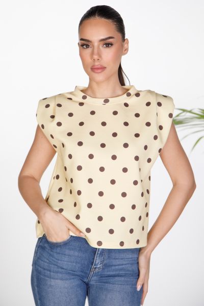 Sleeveless polka dot blouse with puff shoulders