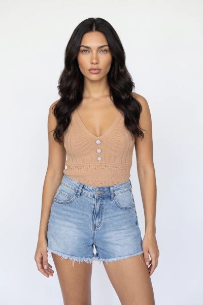 Μπλούζα crop top με κουμπιά με στρας και V