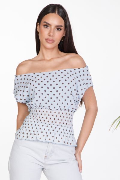 Off-the-shoulder chiffon muslin polka dot top