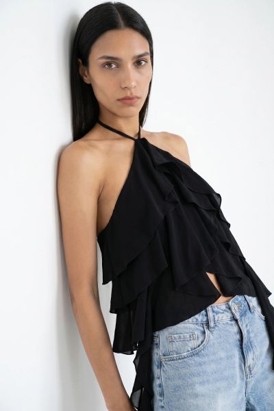 Μπλούζα με δέσιμο στο λαιμό και βολάν