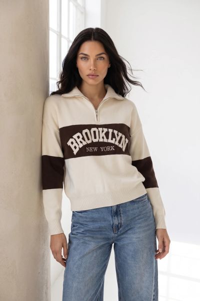 Πλεκτή μπλούζα με φερμουάρ και στάμπα "Brooklyn"