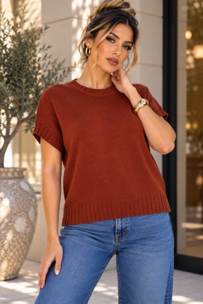 Πλεκτή κοντομάνικη μπλούζα oversize - ΚΕΡΑΜΙΔΙ