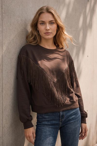 Oversize ασύμμετρη φούτερ με κρόσσια - ΚΑΦΕ