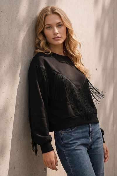 Oversize ασύμμετρη φούτερ με κρόσσια - ΜΑΥΡΟ