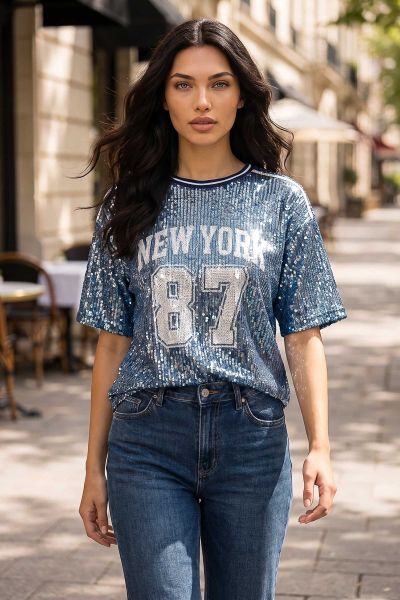 Jersey μπλούζα με λεοπάρ παγιέτες & στάμπα "NEW YORK" - ΜΠΛΕ