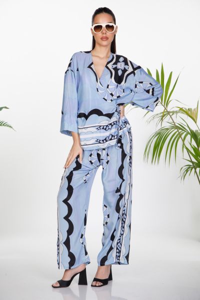Boho co-ord wrapped blouse and trousers