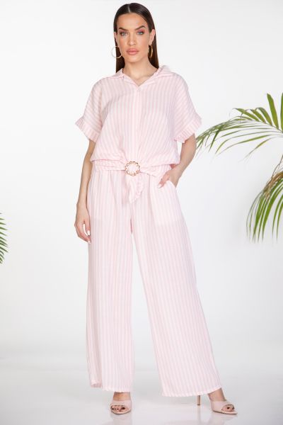 Striped shirt set with gold buckle and elastic trousers