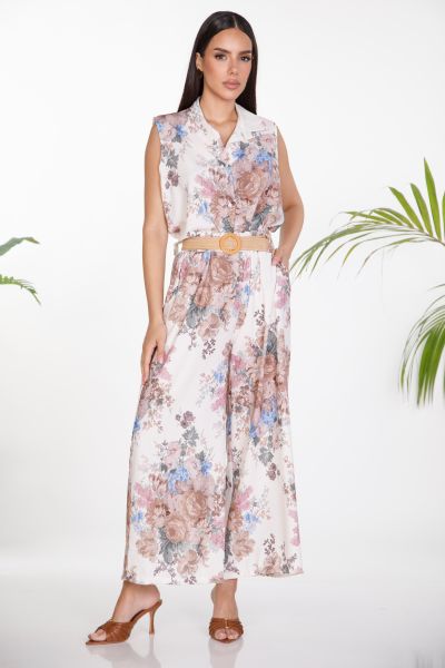 Floral sleeveless shirt and trousers set with straw belt