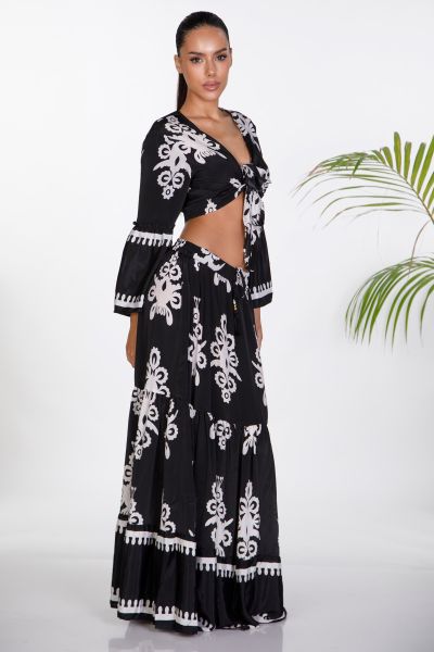 Boho σετ με μάξι φούστα και crop top που δένει