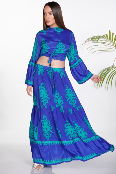 Boho σετ με μάξι φούστα και crop top που δένει