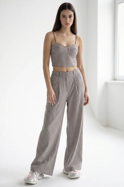 Σετ καρό crop top με σφιγγοφωλιά και παντελόνι με λάστιχο
