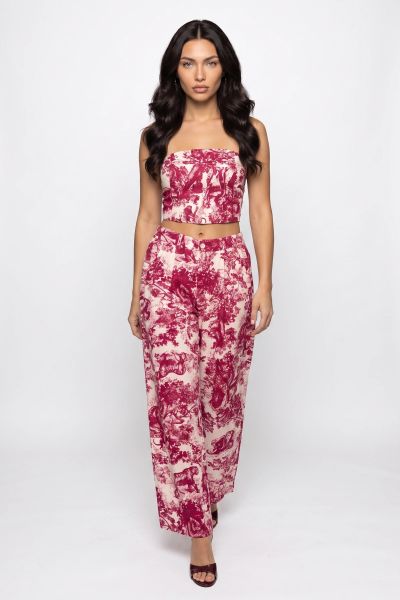 Cropped στράπλες τοπ και ψηλόμεση παντελόνα με Toile de Jouy μοτίβο
