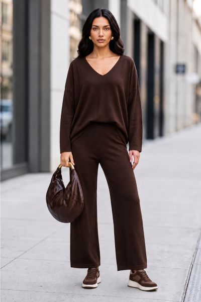 Πλεκτό σετ oversized μπλούζα V και παντελόνι με κορδόνι - ΚΑΦΕ