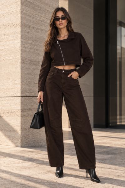 Denim σετ με cropped biker jacket & barrel παντελόνι