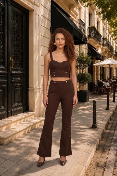 Σετ σουέντ crop top με cups, κουμπιά και παντελόνι καμπάνα - ΚΑΦΕ