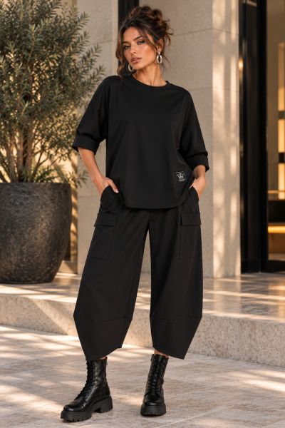 Σετ oversize μπλούζα & ασύμμετρο παντελόνι με λάστιχο στη μέση - ΜΑΥΡΟ