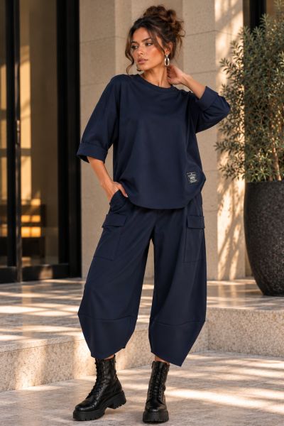 Σετ oversize μπλούζα & ασύμμετρο παντελόνι με λάστιχο στη μέση - ΜΠΛΕ ΣΚΟΥΡΟ