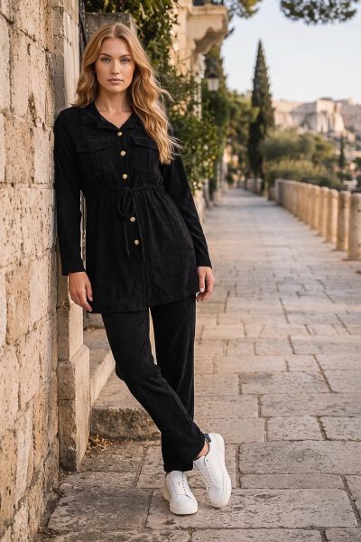 Σετ κοτλέ ζακέτα με κουμπιά & δέσιμο στη μέση & παντελόνι με λάστιχο - ΜΑΥΡΟ