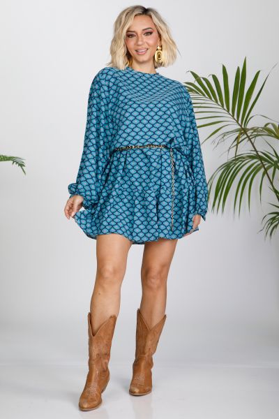 Mini boho printed dress with ruffle hem
