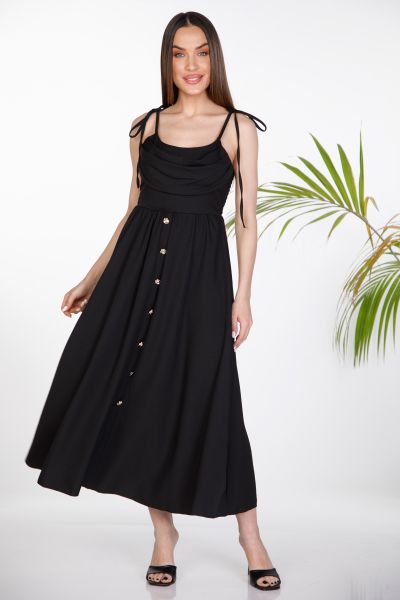 Midi dress with draped bust, buttons & smocked back